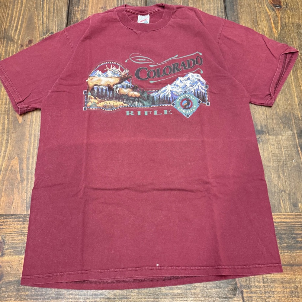 Vintage Jerzees Colorado Rifle Elk Graphic T-Shirt Maroon Mens XL 1997 Wild West